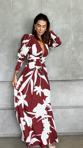 Wine & White Print Dress