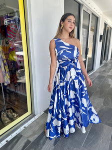 One Shoulder Blue Printed Dress