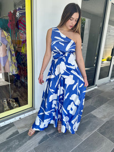 One Shoulder Blue Printed Dress