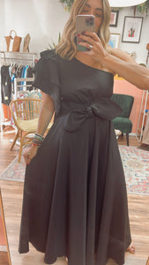 One Shoulder Ruffle Black Dress