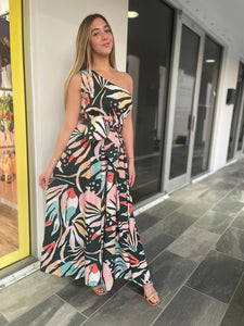 One shoulder palm dress